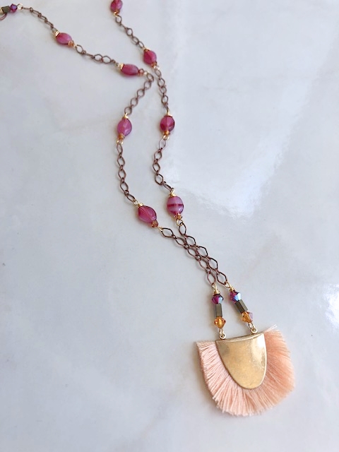 A Peach Fan Tassel, Bronze Chain, Austrian Crystal Necklace
